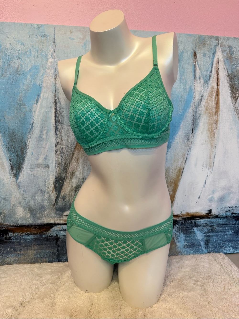 Adore Me Tatum Unlined Green Lace Underwire Bra & Bikini Set